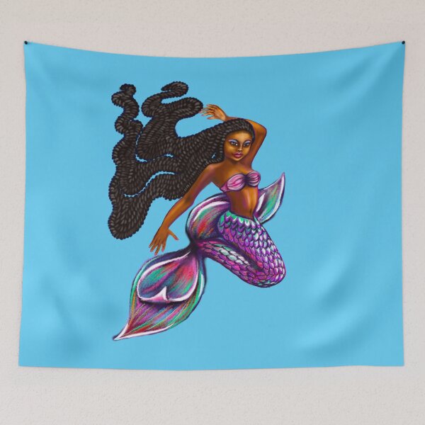 Item preview, mermaid with flowing braids, brown eyes curly Afro hair and caramel brown skin. Black mermaid designed and sold by Artonmytee.