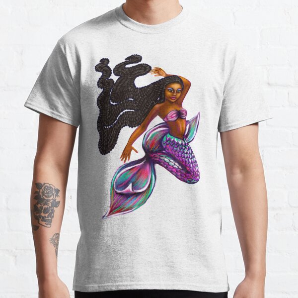 mermaid with flowing braids, brown eyes curly Afro hair and caramel brown skin. Black mermaid Classic T-Shirt