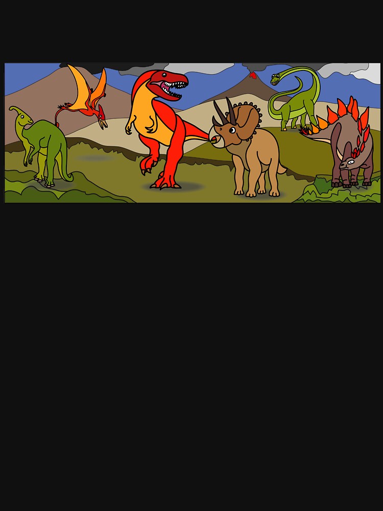 Dinosaur Landscape with Tyrannosaurus, Stegosaurus, Triceratops, Brachiosaurus, Pterodactyl & Parasaurolophus by BOLD-Australia