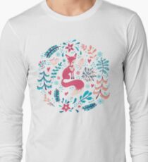 Fox with winter flowers and snowflakes Long Sleeve T-Shirt