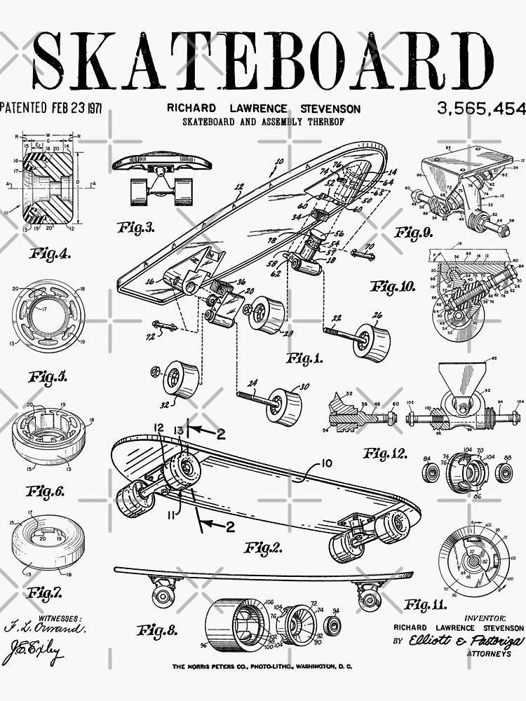 Skater Skateboard Skateboarding Vintage Patent Drawing Print White