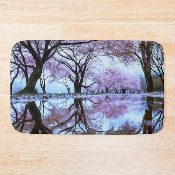 Item preview, A soothing and calming scene of trees with purple flowers over water, reflections over the water, stunning purple flower trees, soothing scene with purples and grays, and smooth water designed and sold by Orianah.