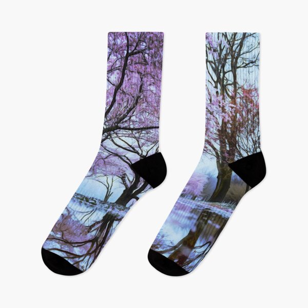 Item preview, A soothing and calming scene of trees with purple flowers over water, reflections over the water, stunning purple flower trees, soothing scene with purples and grays, and smooth water designed and sold by Orianah.
