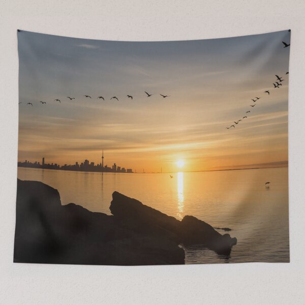 Item preview, Splendid Sunrise with Birds - Toronto Skyline with Free Flying Cormorants designed and sold by Georgia Mizuleva.