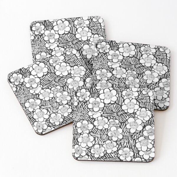 Item preview, plum blossom japanese floral flower pattern black and white plant artwork designed and sold by cybermum.