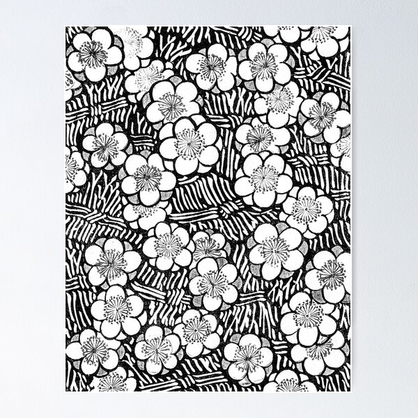 Item preview, plum blossom japanese floral flower pattern black and white plant artwork designed and sold by cybermum.
