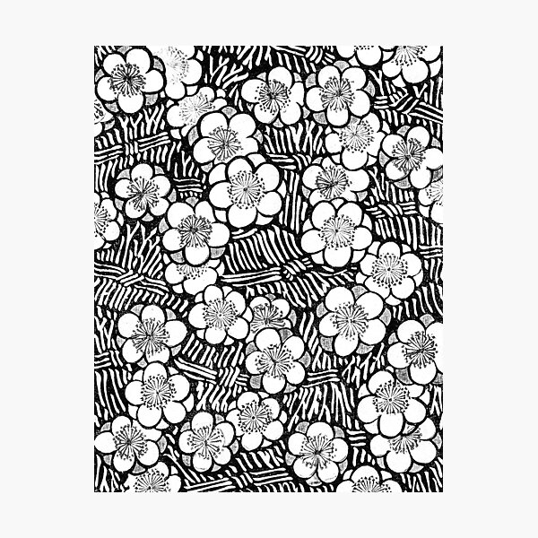Item preview, plum blossom japanese floral flower pattern black and white plant artwork designed and sold by cybermum.