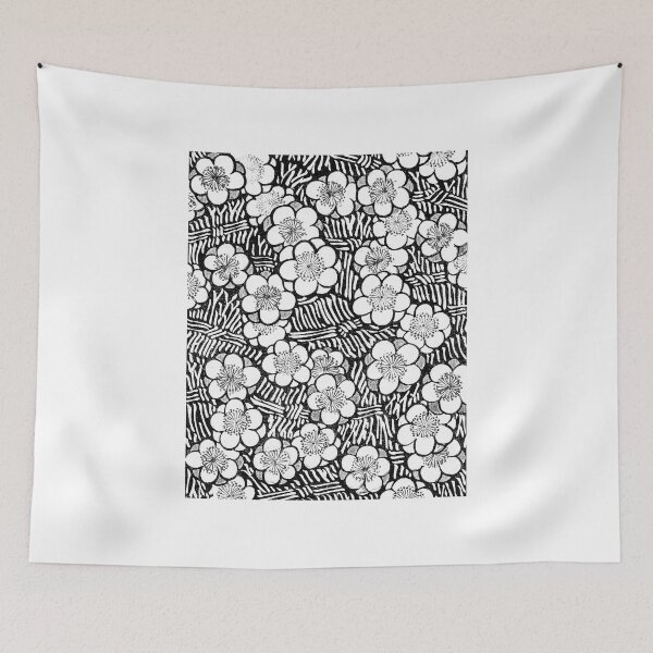 Item preview, plum blossom japanese floral flower pattern black and white plant artwork designed and sold by cybermum.