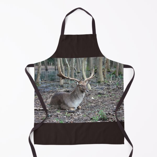 Item preview, wild brown deer with horns in the forest rests in the winter in front of a pond in tuscany designed and sold by alessiapenny.