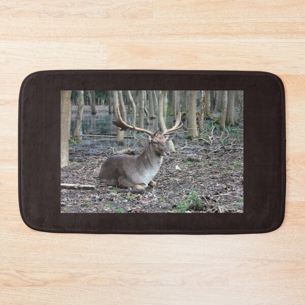 Item preview, wild brown deer with horns in the forest rests in the winter in front of a pond in tuscany designed and sold by alessiapenny.