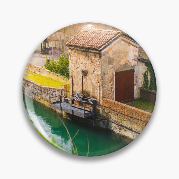 Item preview, ancient structure of the river lock along the canal surrounded by thick vegetation designed and sold by fineartitalia.
