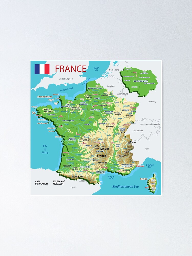 Map Of France With Mountains And Rivers France Map With Rivers, Lakes And Mountains" Poster By Alijun | Redbubble