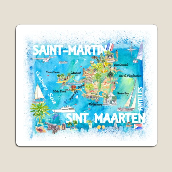 Item preview, Saint-Martin Sint Maarten Antilles Illustrated Caribbean Travel Map with Highlights of West Indies Island Dream designed and sold by artshop77.