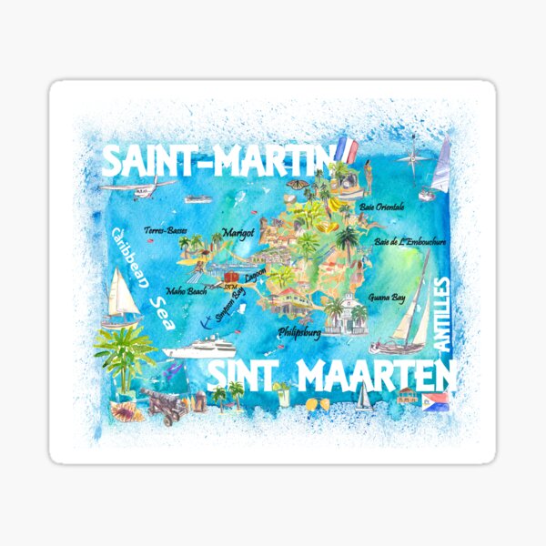 Item preview, Saint-Martin Sint Maarten Antilles Illustrated Caribbean Travel Map with Highlights of West Indies Island Dream designed and sold by artshop77.
