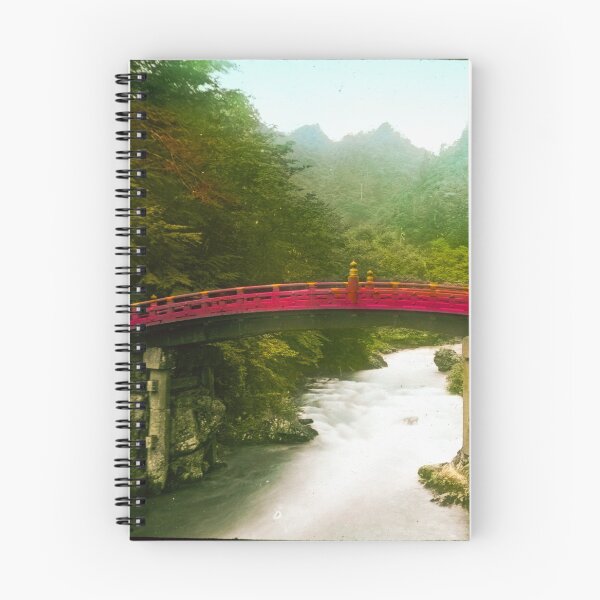 Item preview, Curved red wooden bridge over river forest in background in old japan before WW1.Real vintage old photo for japanese daily life .  designed and sold by thebaronart.
