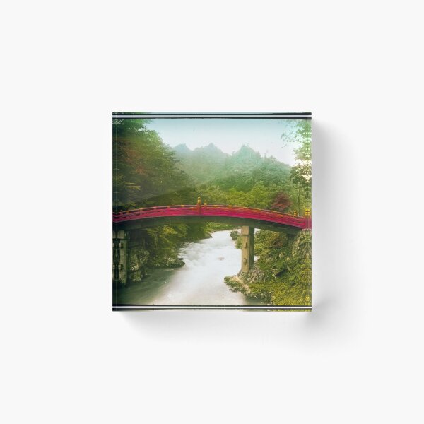Item preview, Curved red wooden bridge over river forest in background in old japan before WW1.Real vintage old photo for japanese daily life .  designed and sold by thebaronart.