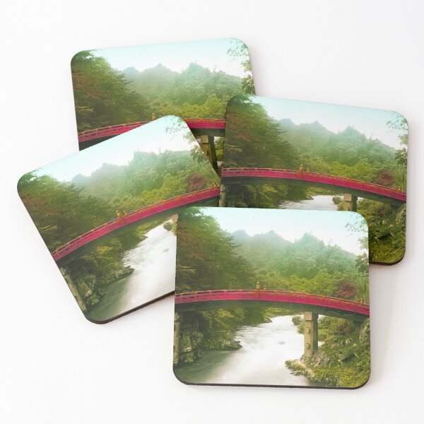 Item preview, Curved red wooden bridge over river forest in background in old japan before WW1.Real vintage old photo for japanese daily life .  designed and sold by thebaronart.