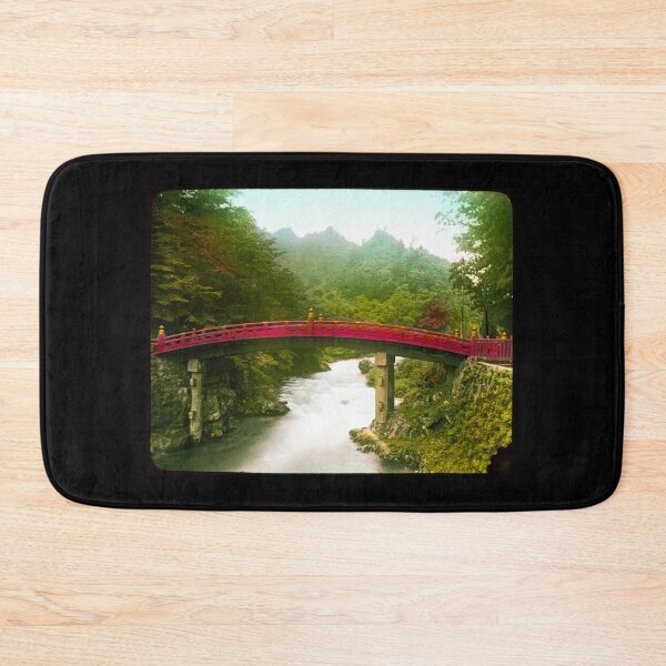 Item preview, Curved red wooden bridge over river forest in background in old japan before WW1.Real vintage old photo for japanese daily life .  designed and sold by thebaronart.