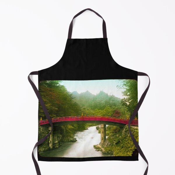 Item preview, Curved red wooden bridge over river forest in background in old japan before WW1.Real vintage old photo for japanese daily life . designed and sold by thebaronart.