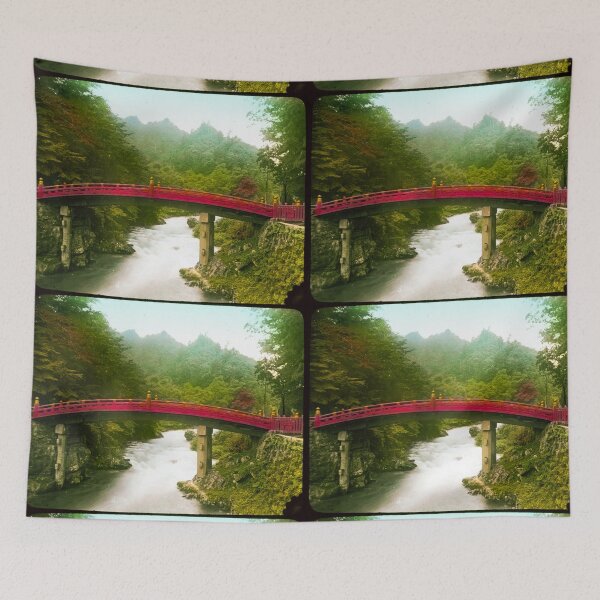Item preview, Curved red wooden bridge over river forest in background in old japan before WW1.Real vintage old photo for japanese daily life .  designed and sold by thebaronart.