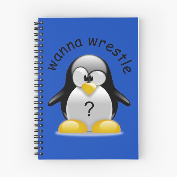Item preview, Funny Wrestling Penguin asking Wanna Wrestle? Blue Background designed and sold by BrokenUnicorn.