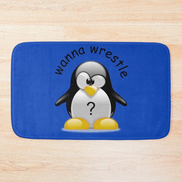 Item preview, Funny Wrestling Penguin asking Wanna Wrestle? Blue Background designed and sold by BrokenUnicorn.