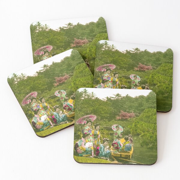 Item preview, Eight young women in kimonos four in wooden boat on water four on bank beside boat two of them holding open parasols in old japan before WW1.Real vintage old photo for japanese daily life .  designed and sold by thebaronart.