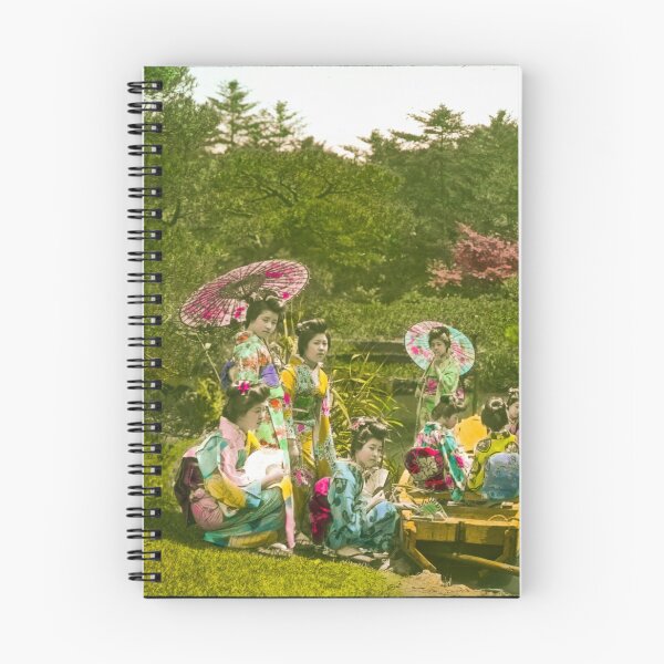 Item preview, Eight young women in kimonos four in wooden boat on water four on bank beside boat two of them holding open parasols in old japan before WW1.Real vintage old photo for japanese daily life .  designed and sold by thebaronart.