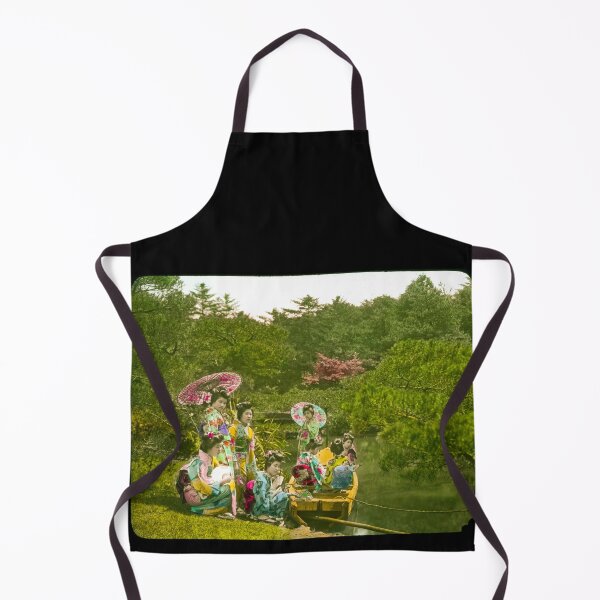Item preview, Eight young women in kimonos four in wooden boat on water four on bank beside boat two of them holding open parasols in old japan before WW1.Real vintage old photo for japanese daily life . designed and sold by thebaronart.