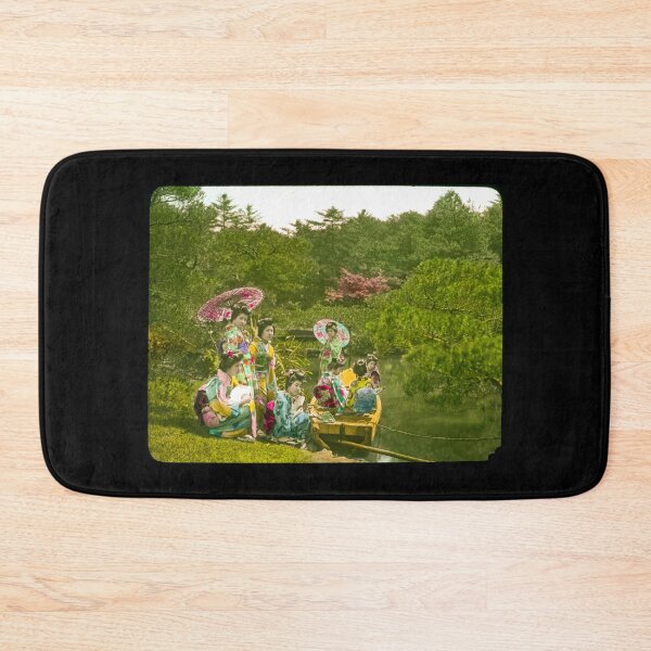 Item preview, Eight young women in kimonos four in wooden boat on water four on bank beside boat two of them holding open parasols in old japan before WW1.Real vintage old photo for japanese daily life .  designed and sold by thebaronart.