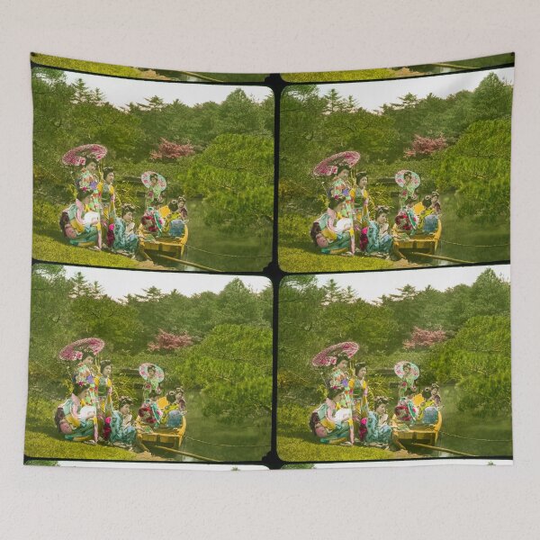 Item preview, Eight young women in kimonos four in wooden boat on water four on bank beside boat two of them holding open parasols in old japan before WW1.Real vintage old photo for japanese daily life .  designed and sold by thebaronart.