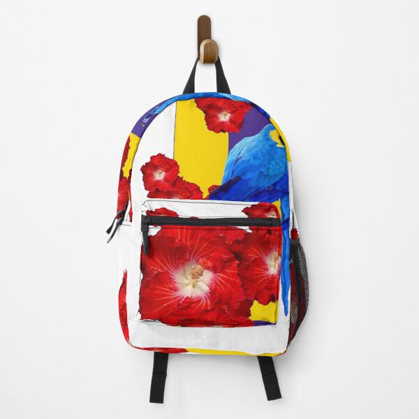 Item preview, RED HIBISCUS FLORAL BLUE PARROTS ART designed and sold by sharlesart.