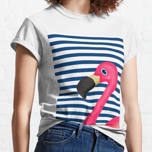 Pink Flamingo Blue White Stripes Classic T-Shirt