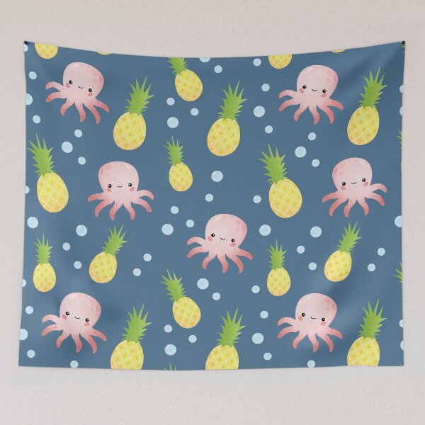 Item preview, Pineapple Octopus - Cute Seamless Pattern on Dark Blue designed and sold by TheMajesticGoat.