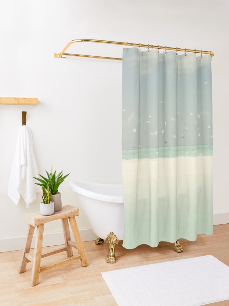 Alternate view of Blue Skies Birds Beach And Ocean Seashore Landscape Shower Curtain