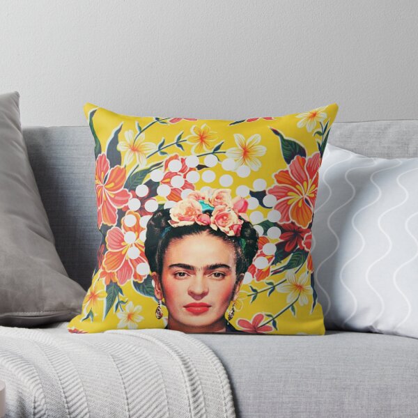 Frida Kahlo print, flowers, color on ocher Mexican tablecloth Throw Pillow
