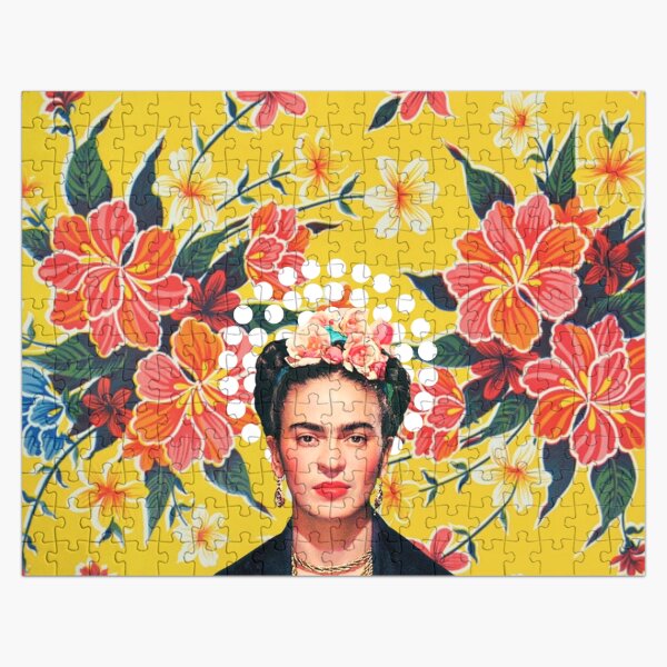 Frida Kahlo print, flowers, color on ocher Mexican tablecloth Jigsaw Puzzle