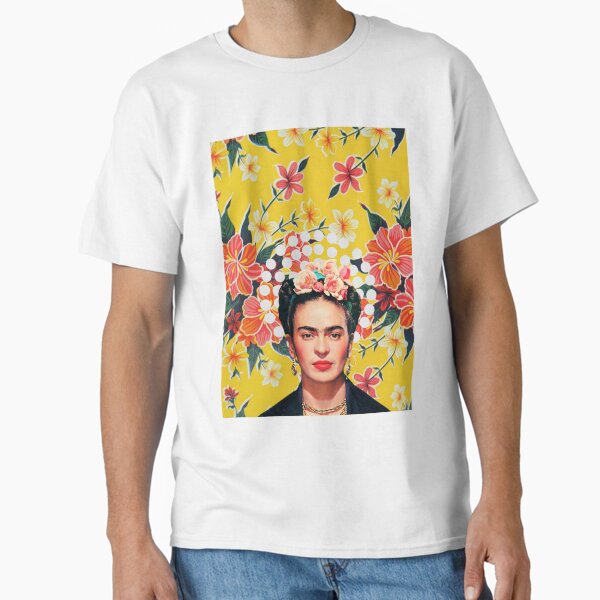 Aperçu de l'œuvre Imprimé Frida Kahlo, fleurs, couleur sur nappe mexicaine ocre créée et vendue par Adriana C (All about Frida).