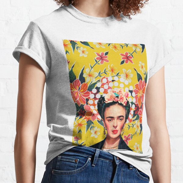 Item preview, Frida Kahlo print, flowers, color on ocher Mexican tablecloth designed and sold by Adriana C (All about Frida).