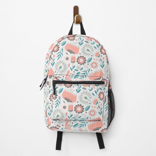 Item preview, Folk art Florals in Gray + Coral Pink designed and sold by latheandquill.