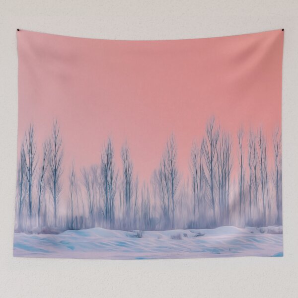 Item preview, Misty and snowy landscape with a beautiful pink sky. Photograph with digital smoothing effect creating an image that is magical, serene, soothing and cool. Pastel pinks and blues. designed and sold by Orianah.