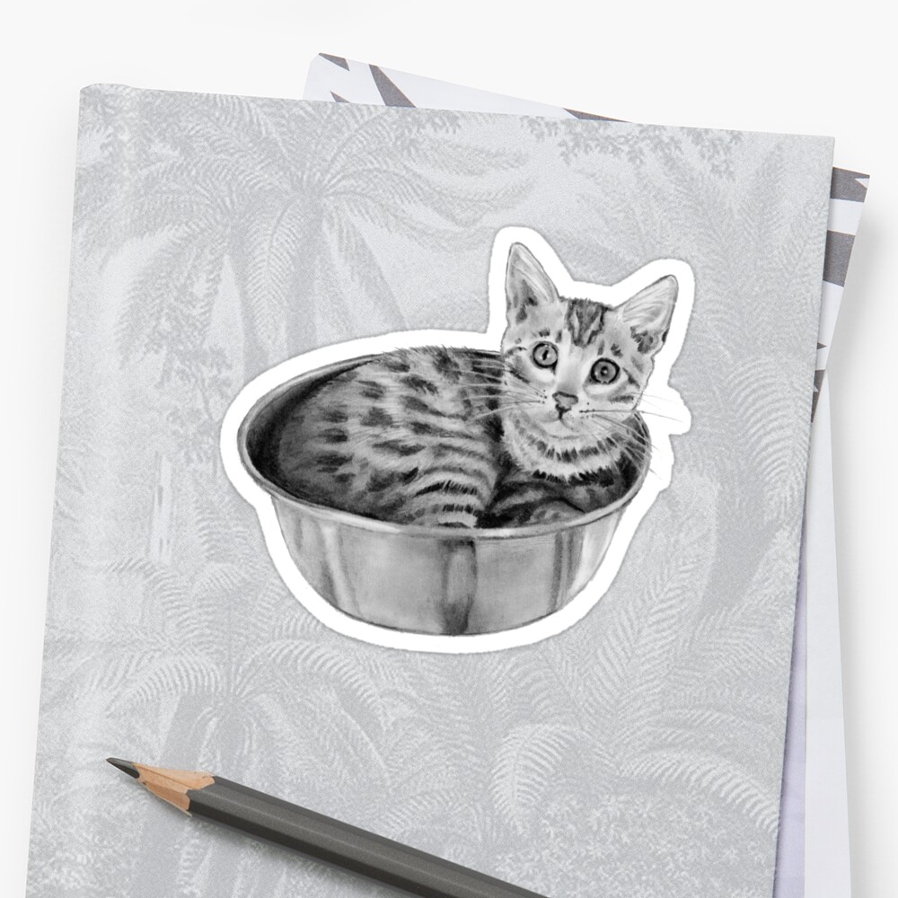 Bengal Kitten In A Bowl Realism Pencil Drawing Sticker By Joyce