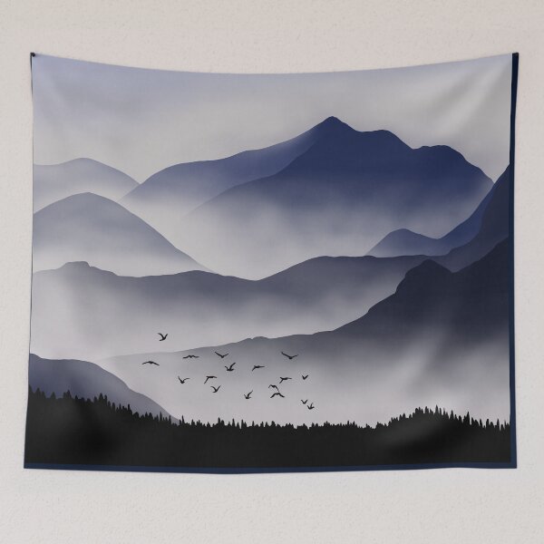 Item preview, Flock of Birds over Foggy Rocky Hills Landscape Digital Illustration designed and sold by AlmightyClaire.
