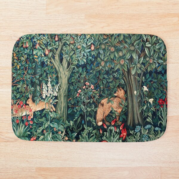GREENERY, FOREST ANIMALS Fox and Hares Blue Green Floral Tapestry Bath Mat