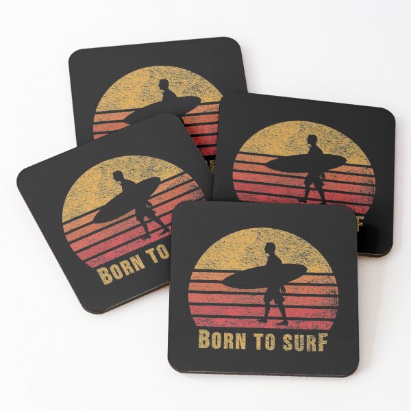 Item preview, Born to Surf Surfer Silhouette on Red Retro Vintage Sunset / Sunrise designed and sold by thehappylamb.