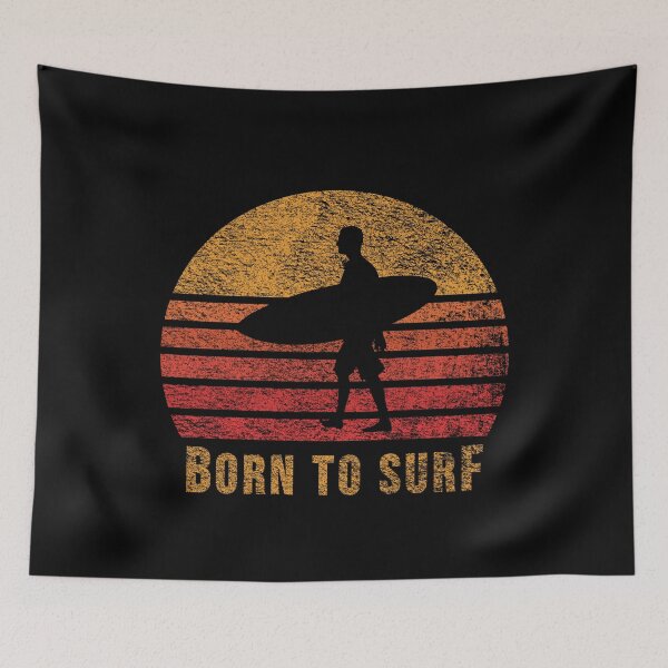 Item preview, Born to Surf Surfer Silhouette on Red Retro Vintage Sunset / Sunrise designed and sold by thehappylamb.