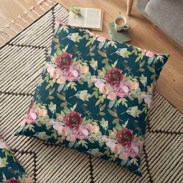 Navy Blue Blossoming Floral Pattern Floor Pillow