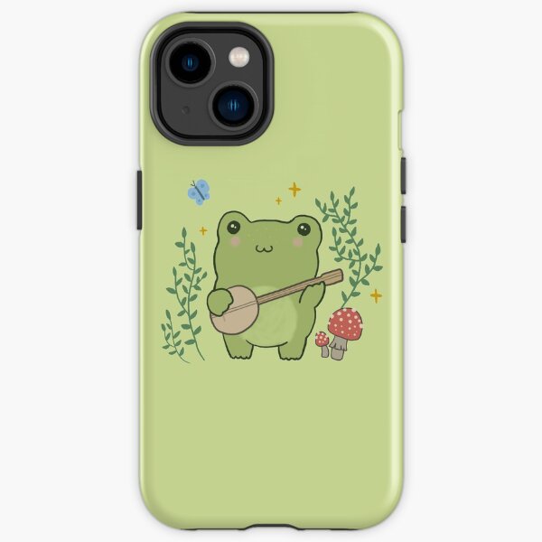 Cute Kawaii Frog Playing Banjo - Toad Plant Fungi Blue Butterfly - Cottagecore Aesthetic Mushroom - Chubby Phrog - Froggy Kids Gift iPhone Tough Case