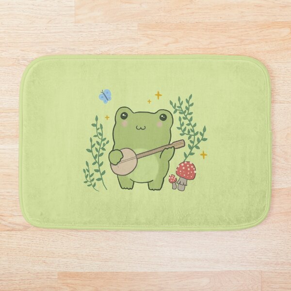 Kawaii Cute Frog Banjo Butterfly - Cottagecore Aesthetic Frog Bath Mat