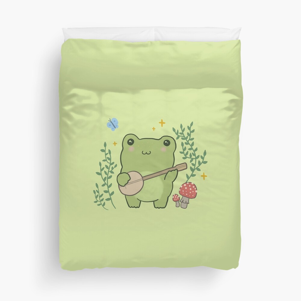 Kawaii Cute Frog Banjo Butterfly Cottagecore Aesthetic Frog Duvet Cover By Ministryoffrogs